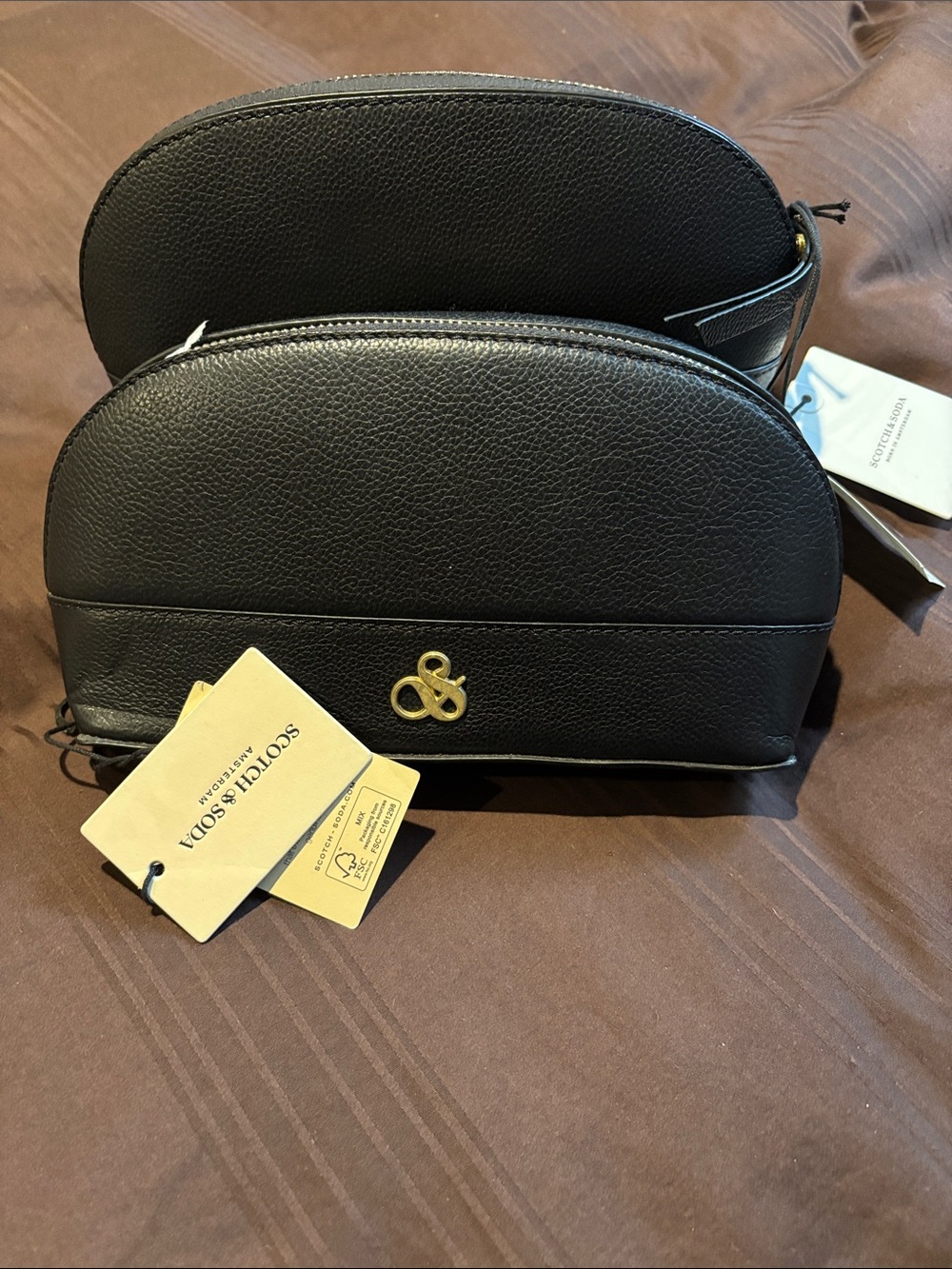 Scotch & Soda Black Pebbled Leather Toiletry Pouch with Gold Logo